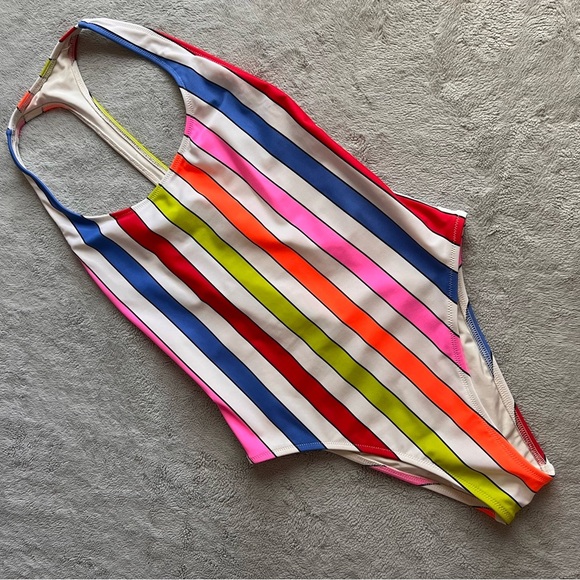 Aerie Neon Rainbow Multicolor Stripe Racerback Cutout One-Piece Swimsuit Small - Picture 1 of 14